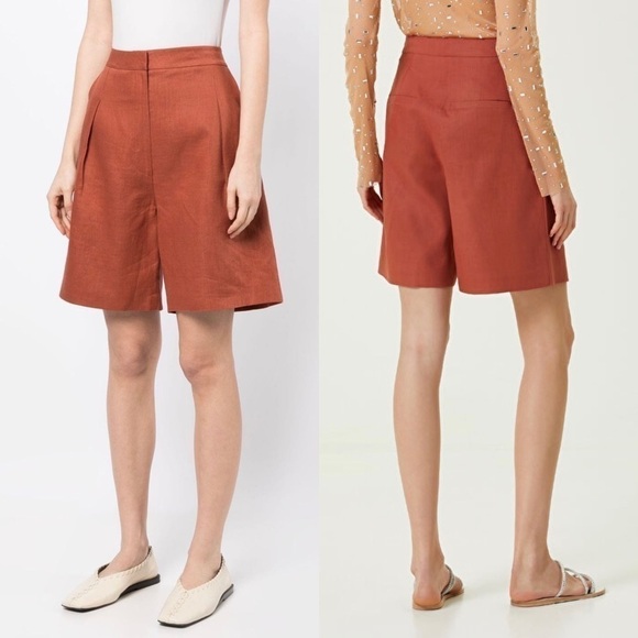 NWT ITMFL Linen Terracotta High Rise Press-Crease Pleated Wide Leg 8” Shorts S - Picture 5 of 14